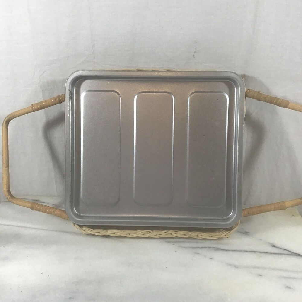 Vintage Aluminum Serving Tray with Woven Wicker Basket Holder & Bamboo Handles